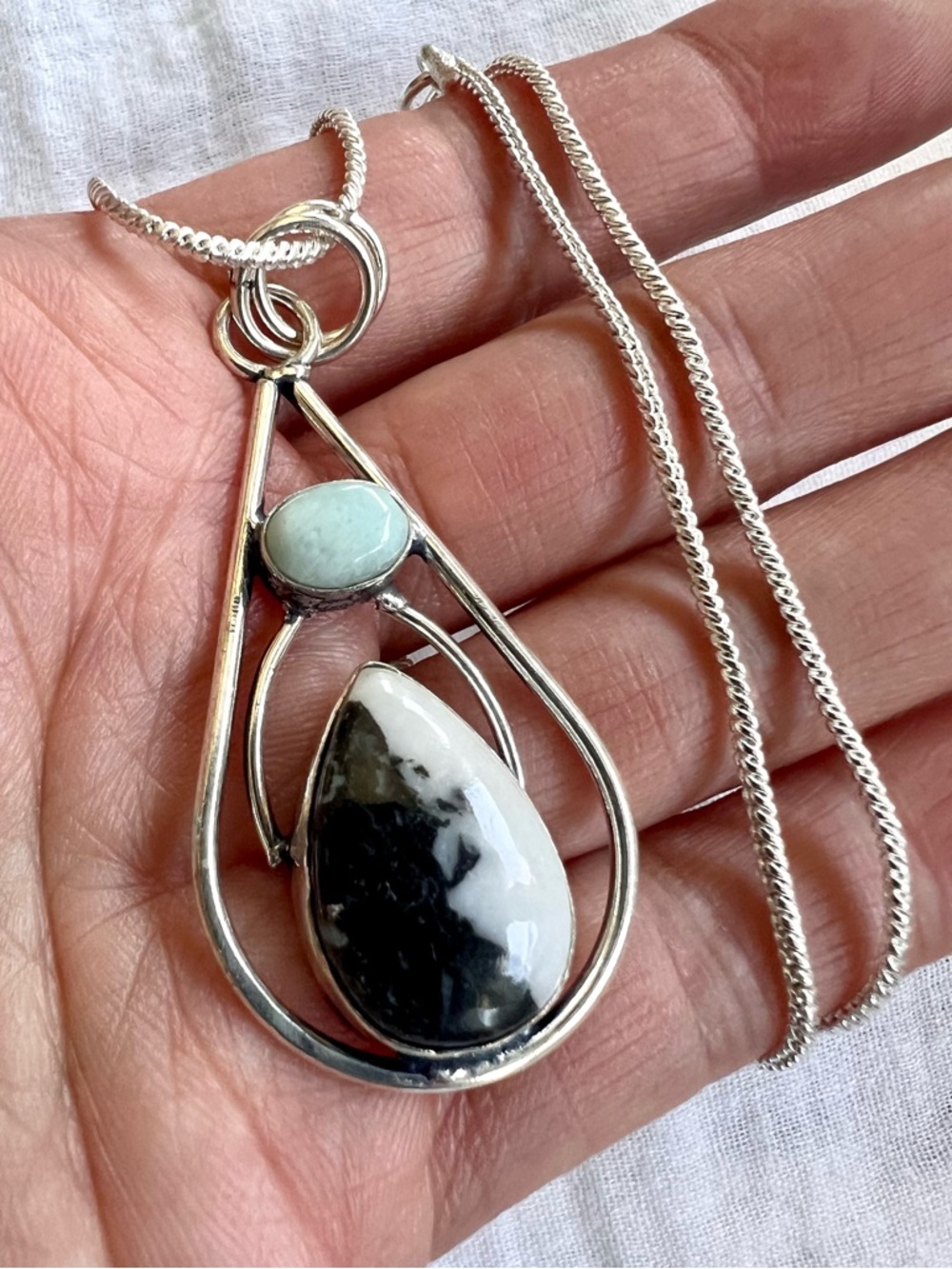 925 White Buffalo Turquoise Jasper + Larimar Pendant Necklace - Picture 4 of 7